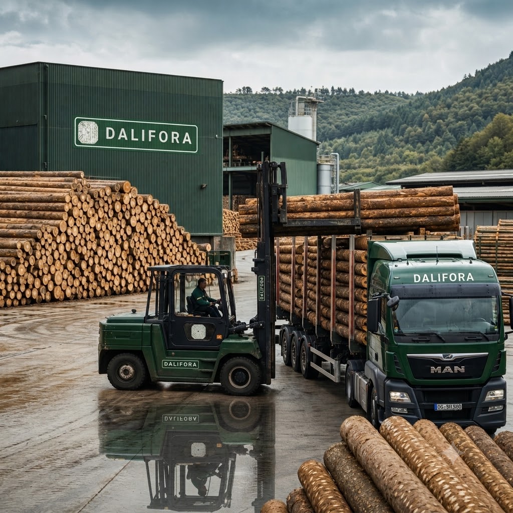 Dalifora timber yard with a branded logging truck and forklift loading round timber logs